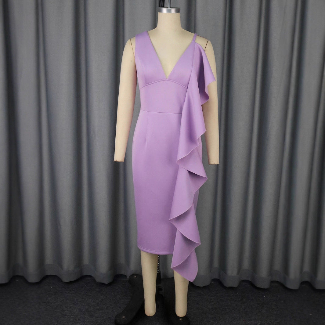 Women High-Quality Sheath Dress with Asymmetrical Ruffle Detail StylebySassy