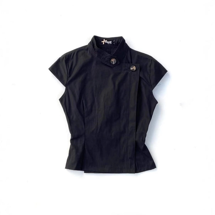 Women’s Fashion Short Sleeve Shirt with Stand-Up Collar and Subtle Button Details StylebySassy