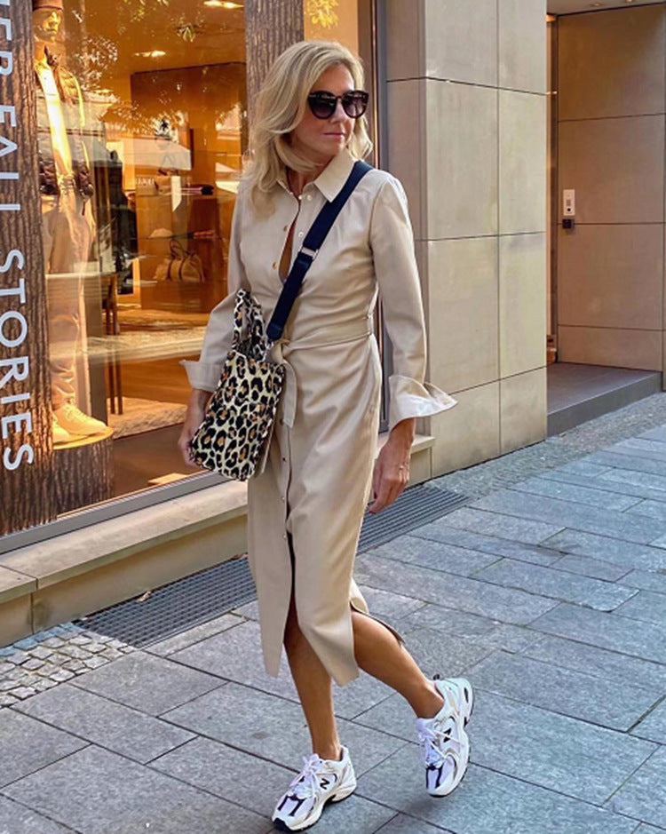 Women's nan figurnah button-up midi dress with waist tie belt, flounce cuffs and discreet front slit StylebySassy