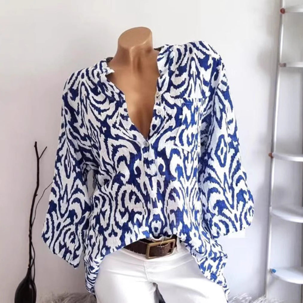 Women nan locker cut tunic blouse with Ikat pattern, V-neck and three-quarter sleeves StylebySassy