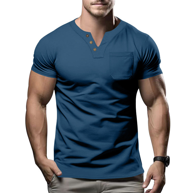 Men's tailored short sleeve Henley shirt with chest pocket and asymmetrical button placket StylebySassy