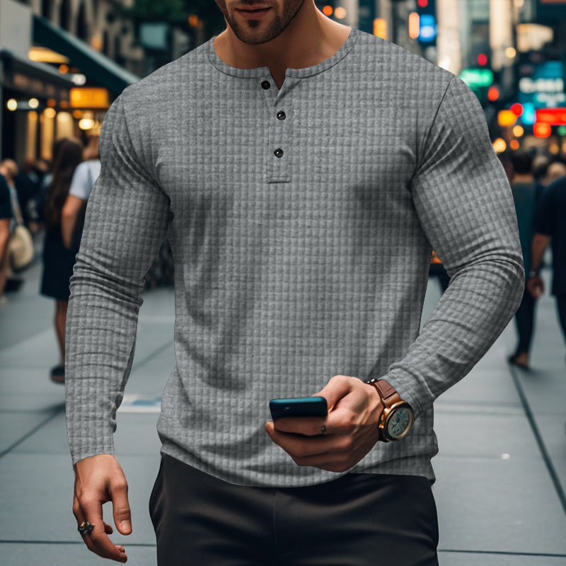 Men's fitted long-sleeve shirt with round neck button placket and waffle structure StylebySassy