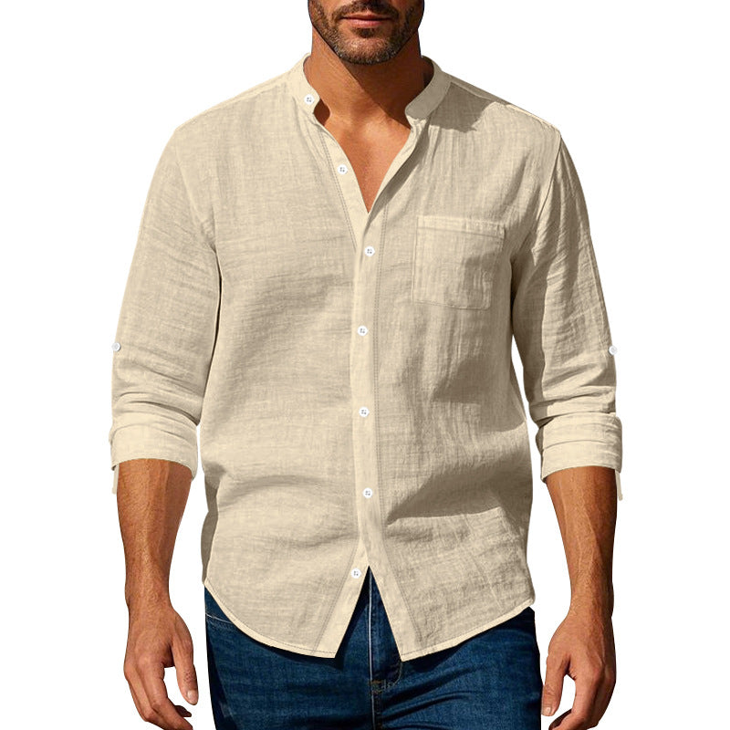 Men's linen-cotton shirt with stand-up collar, roll-up sleeves, and chest pocket StylebySassy
