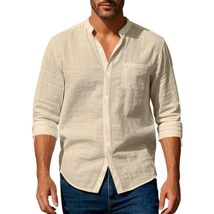 Men's linen-cotton shirt with stand-up collar, roll-up sleeves, and chest pocket StylebySassy