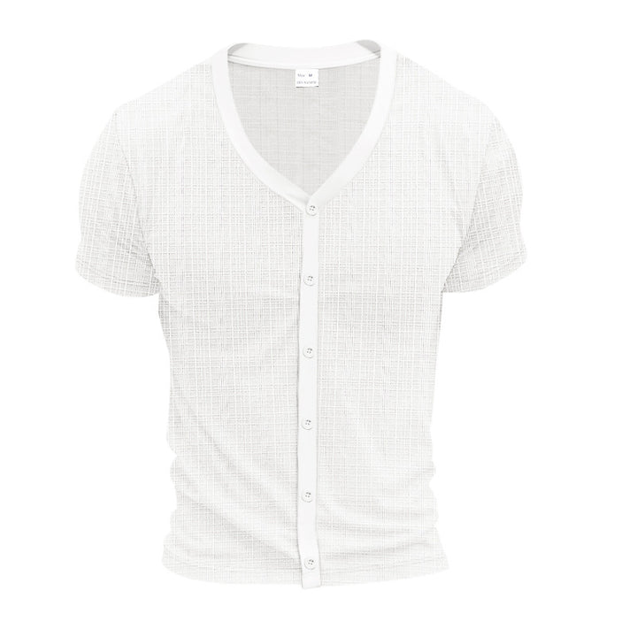 Men's short-sleeve fine knit cardigan with V-neck and continuous button placket StylebySassy