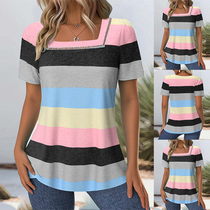 Women's striped jersey long shirt with square neckline and casual hip length StylebySassy