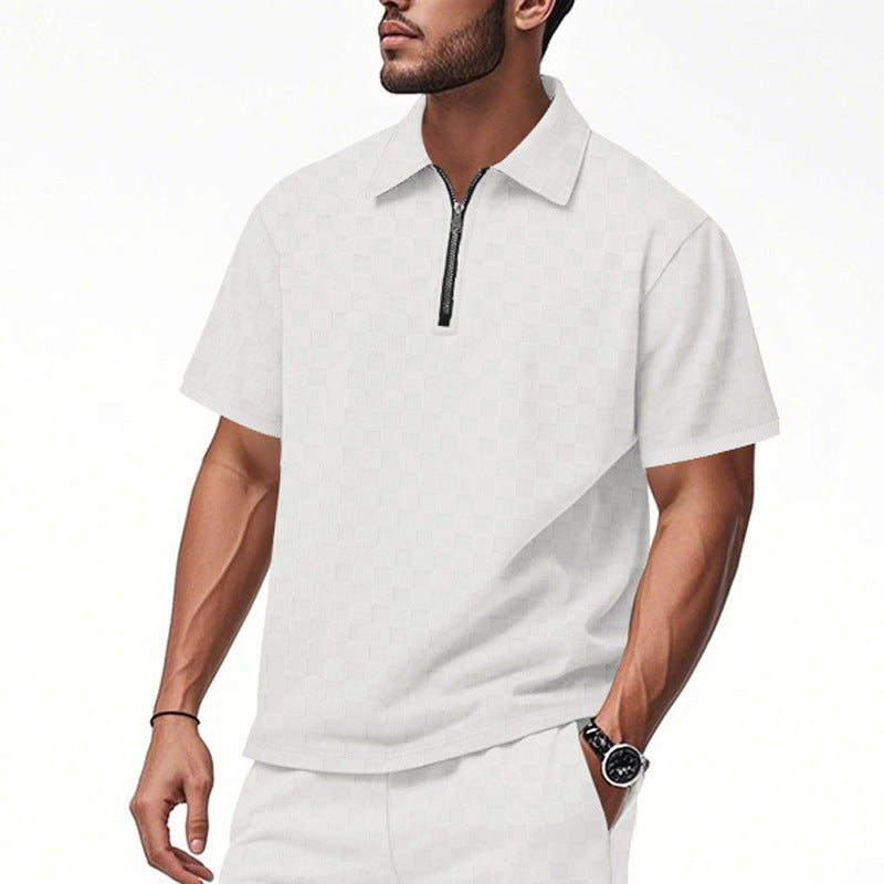 Men's short half-zip polo shirt made of structured waffle piqué with shirt collar and fitted silhouette StylebySassy
