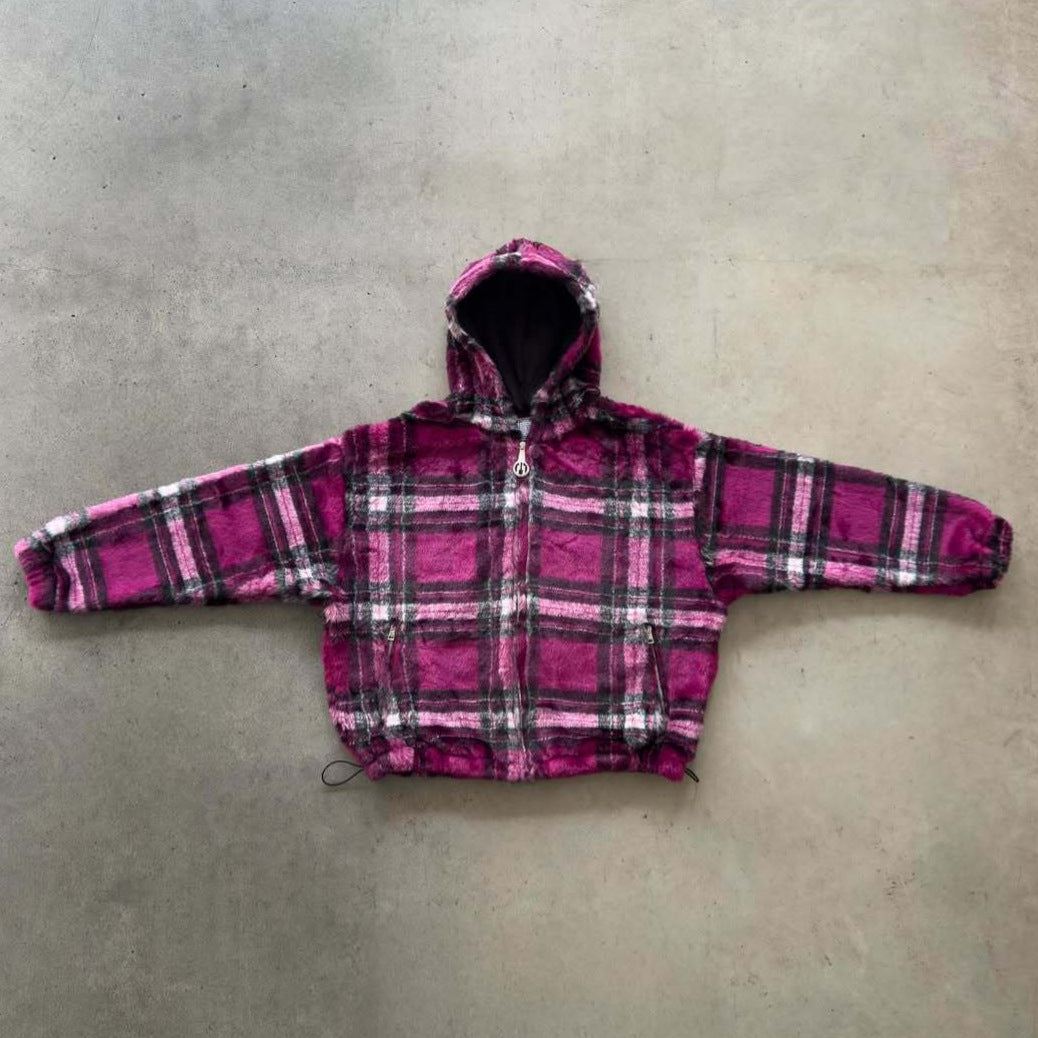 Unisex non-padded plaid fleece bomber jacket with hood drawstring and zippered pockets StylebySassy