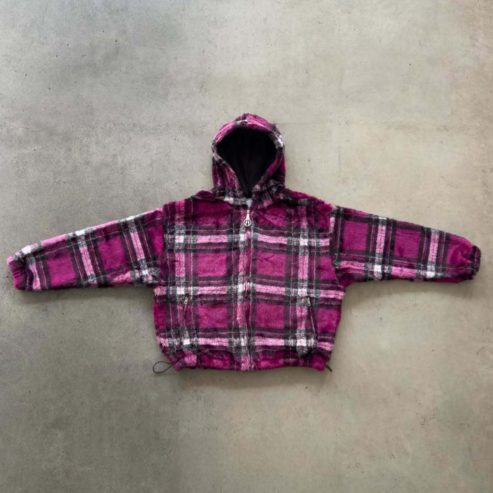 Unisex non-padded plaid fleece bomber jacket with hood drawstring and zippered pockets StylebySassy