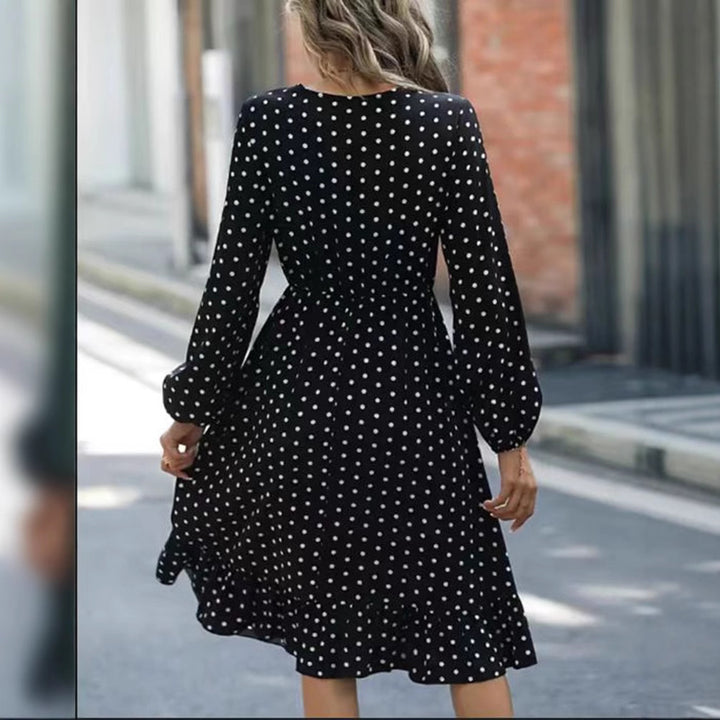 Ladies' dotted A-line midi dress with V-neck, smocked waist and two-tiered ruffle StylebySassy