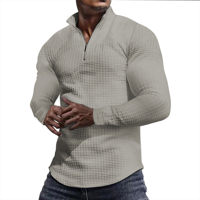 Men's tailored thermo half-zip pullover with waffle texture and standing collar StylebySassy