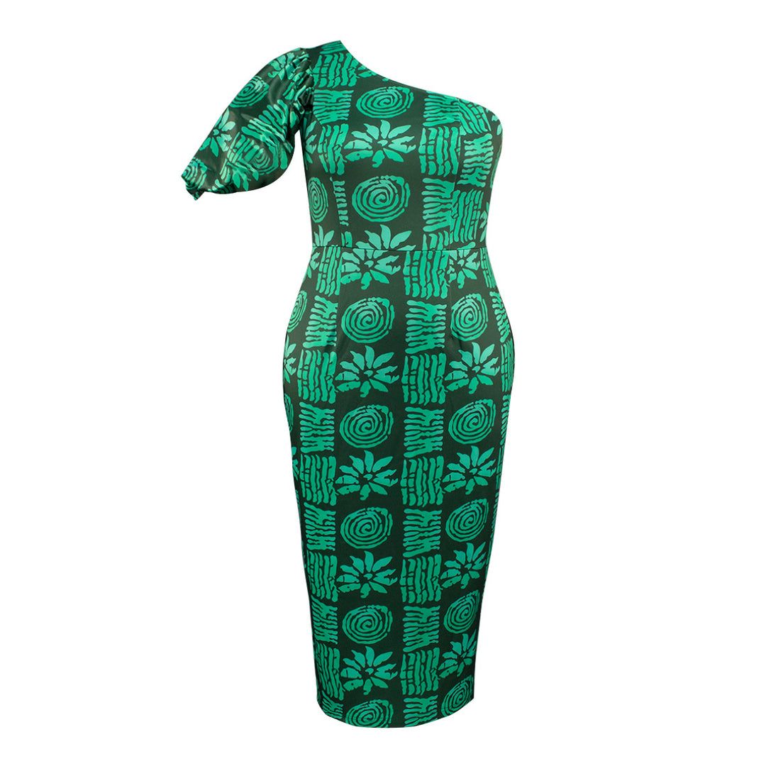Women asymmetrical maxi dress with unique pattern and voluminous puff sleeve StylebySassy