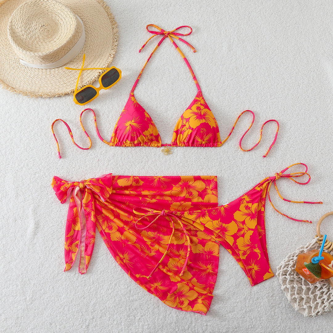 Ladies Triangle Bikini Set with Wrap Skirt and Floral Design StylebySassy