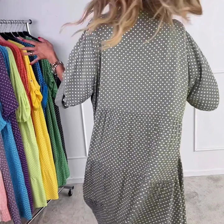 Ladies casual tiered midi dress with stand-up collar, concealed button placket and three-quarter sleeves StylebySassy