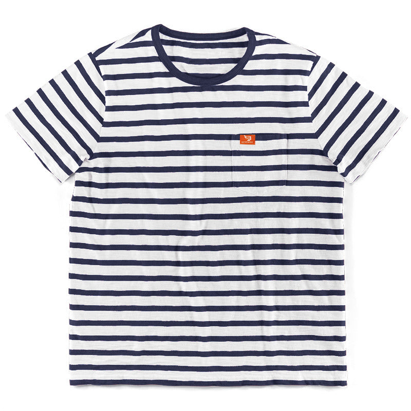 Men's striped short-sleeve T-shirt made of cotton jersey with chest pocket and contrasting round neckline StylebySassy