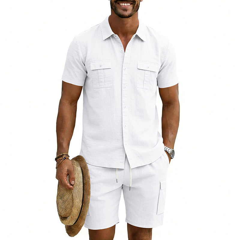 Men's summer leisure set made of cotton-linen blend with short-sleeve shirt and cargo shorts StylebySassy