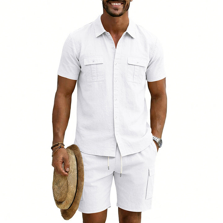 Men's summer leisure set made of cotton-linen blend with short-sleeve shirt and cargo shorts StylebySassy