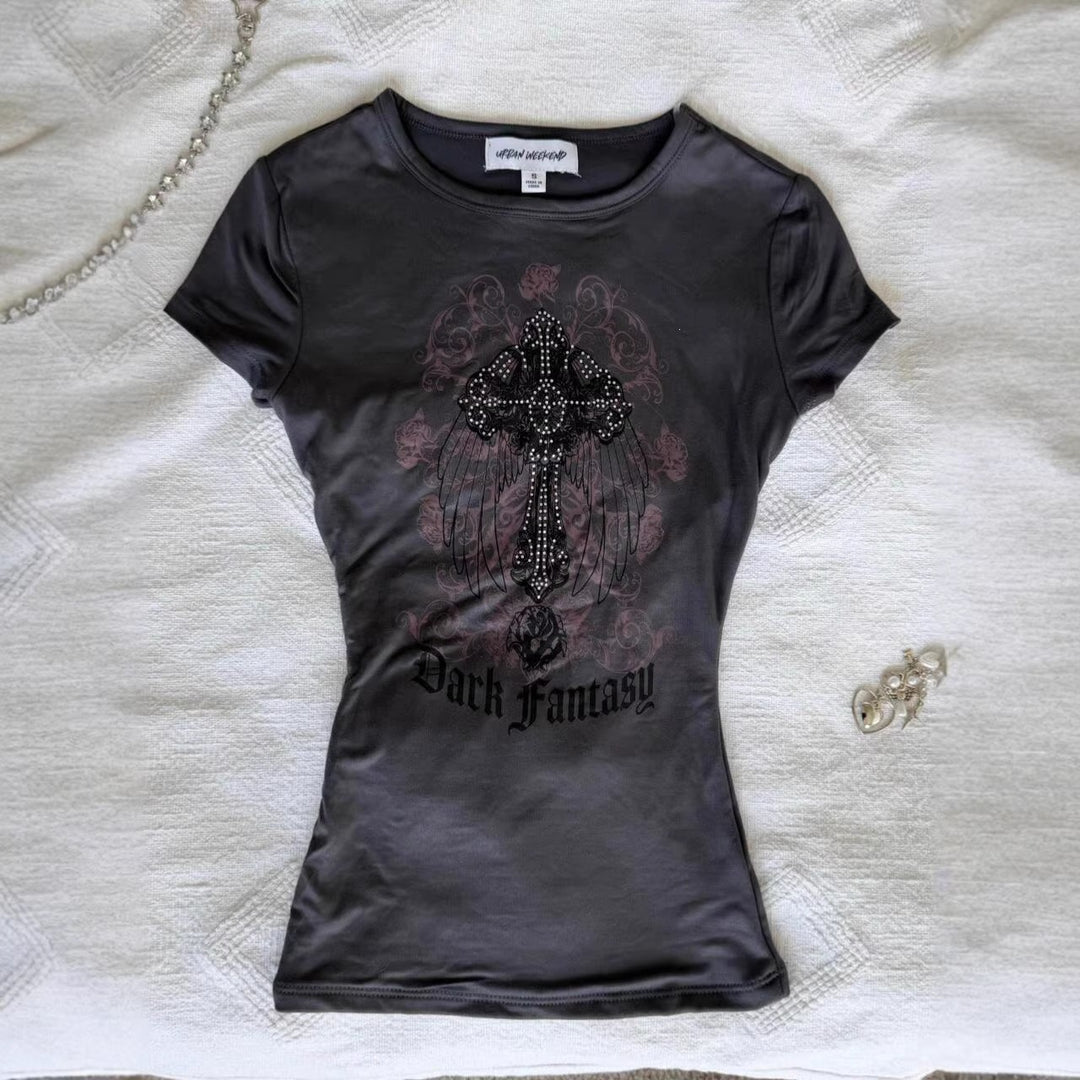 Women's T-shirt with sparkling graphic cross and floral design StylebySassy