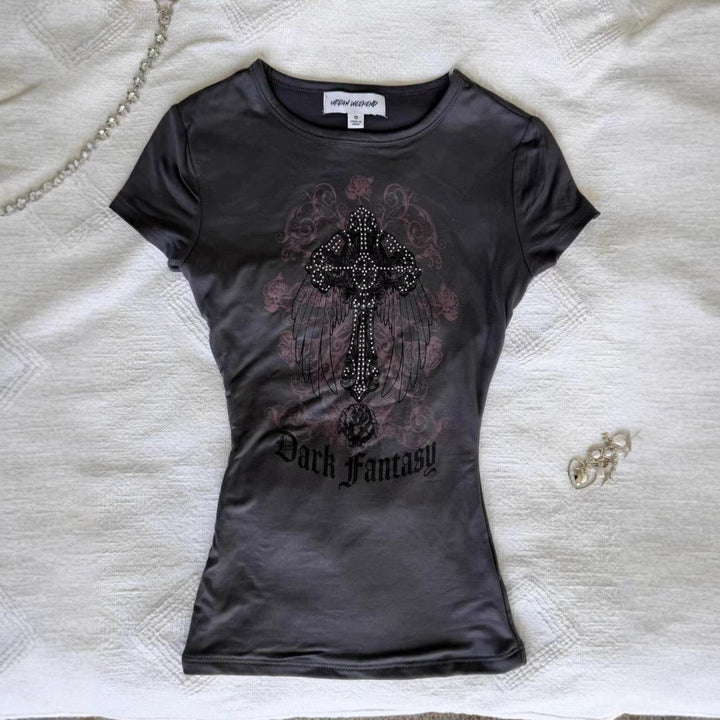 Women's T-shirt with sparkling graphic cross and floral design StylebySassy