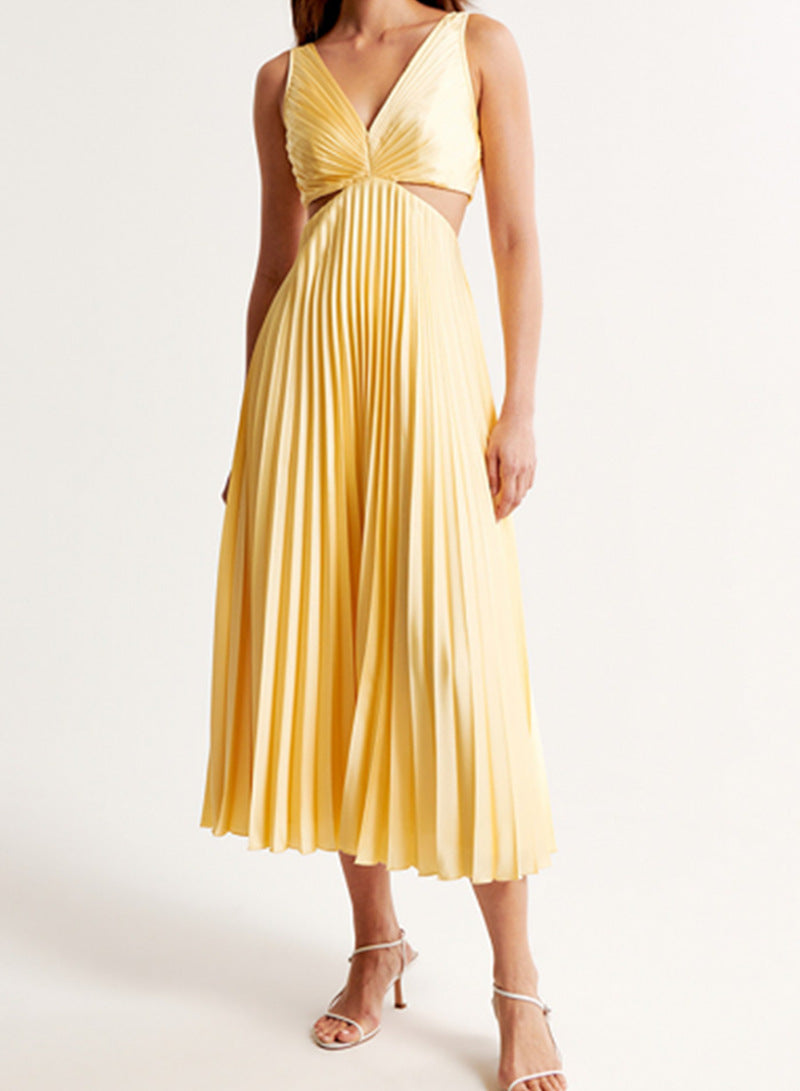 Women's pleated midi dress with twisted bustier section and side cut-outs StylebySassy