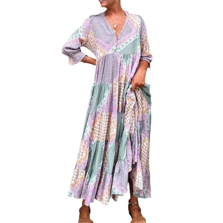 Women's nan Patchwork tiered maxi dress with V-neck, partial button placket, gathered yoke and side pockets StylebySassy