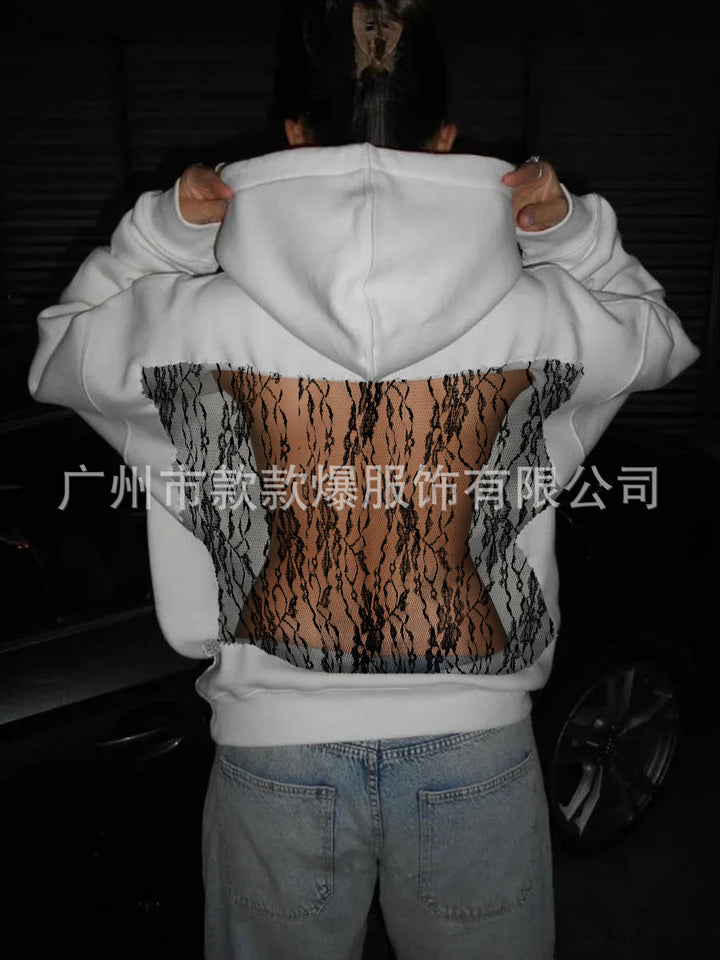 Women's hooded sweatshirt with transparent embroidered back section StylebySassy