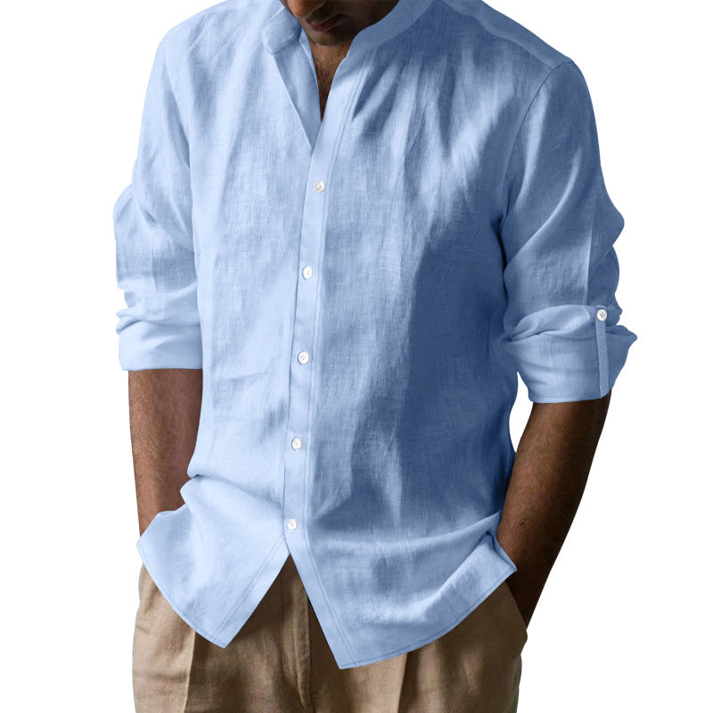 Men's casual linen shirt with Kent collar, continuous button placket, and roll-up sleeves StylebySassy