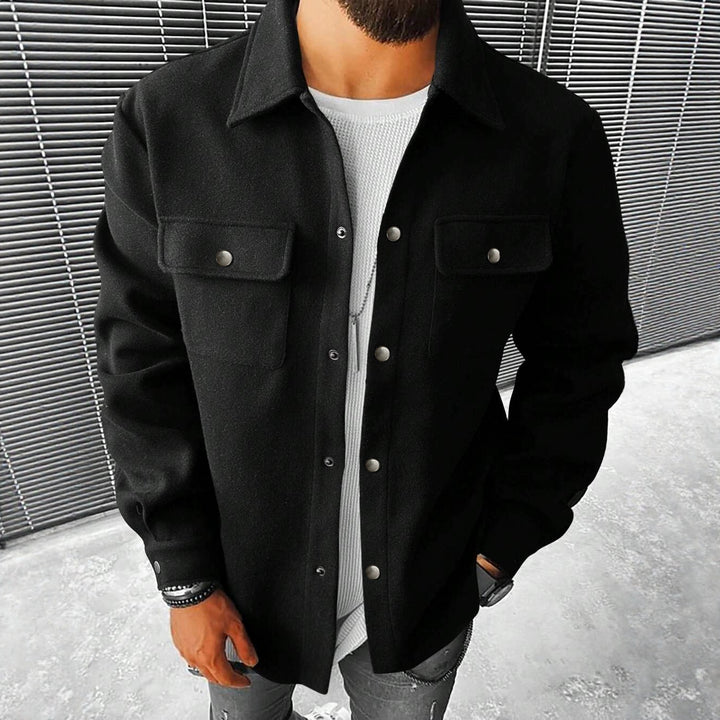 Men's shirt jacket made of wool blend with snap buttons and patch pockets StylebySassy