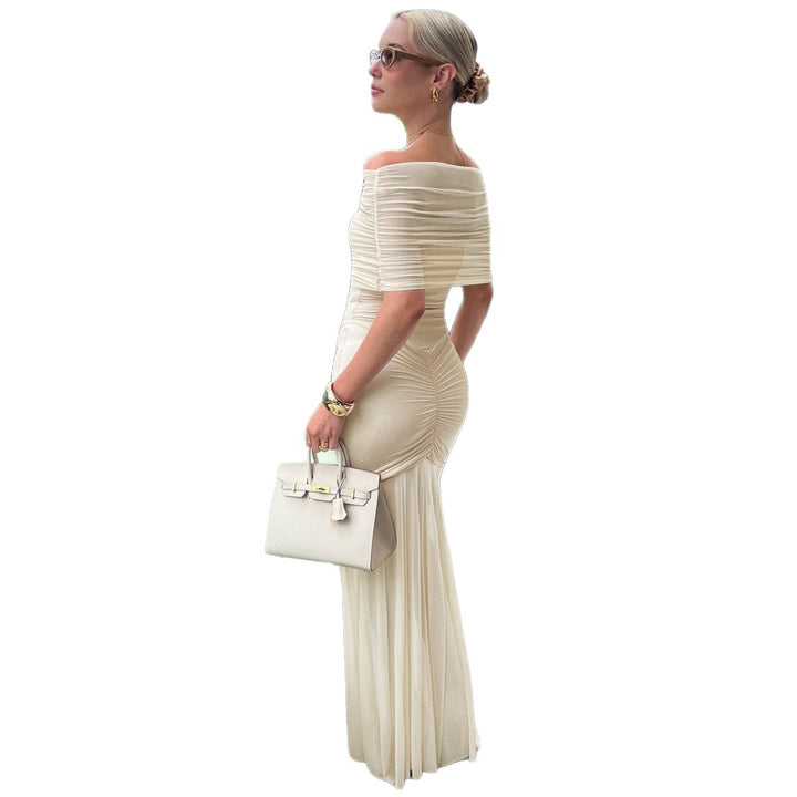 Women's off-the-shoulder evening dress with figure-hugging jersey underdress and sheer chiffon overlay StylebySassy