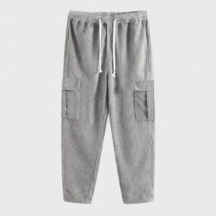 Men's ribbed comfortable cargo pants with elastic drawstring waistband and low-set flap pockets StylebySassy