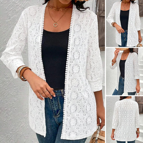 Women's lightweight lace jacket with open cut, three-quarter sleeves and crocheted trim StylebySassy