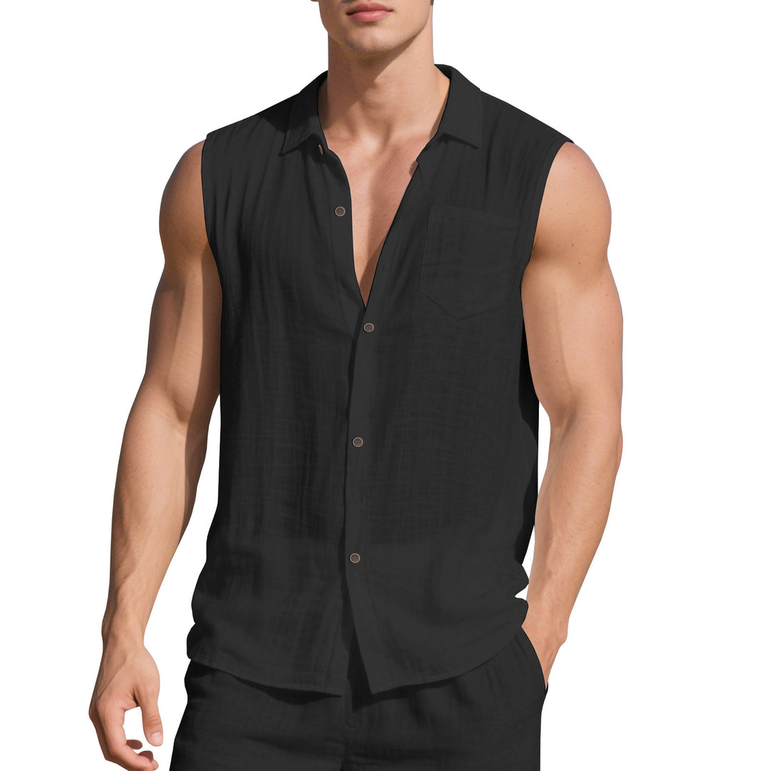 Men's sleeveless linen shirt with lapel collar, chest pocket and continuous button placket StylebySassy