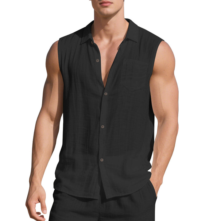 Men's sleeveless linen shirt with lapel collar, chest pocket and continuous button placket StylebySassy