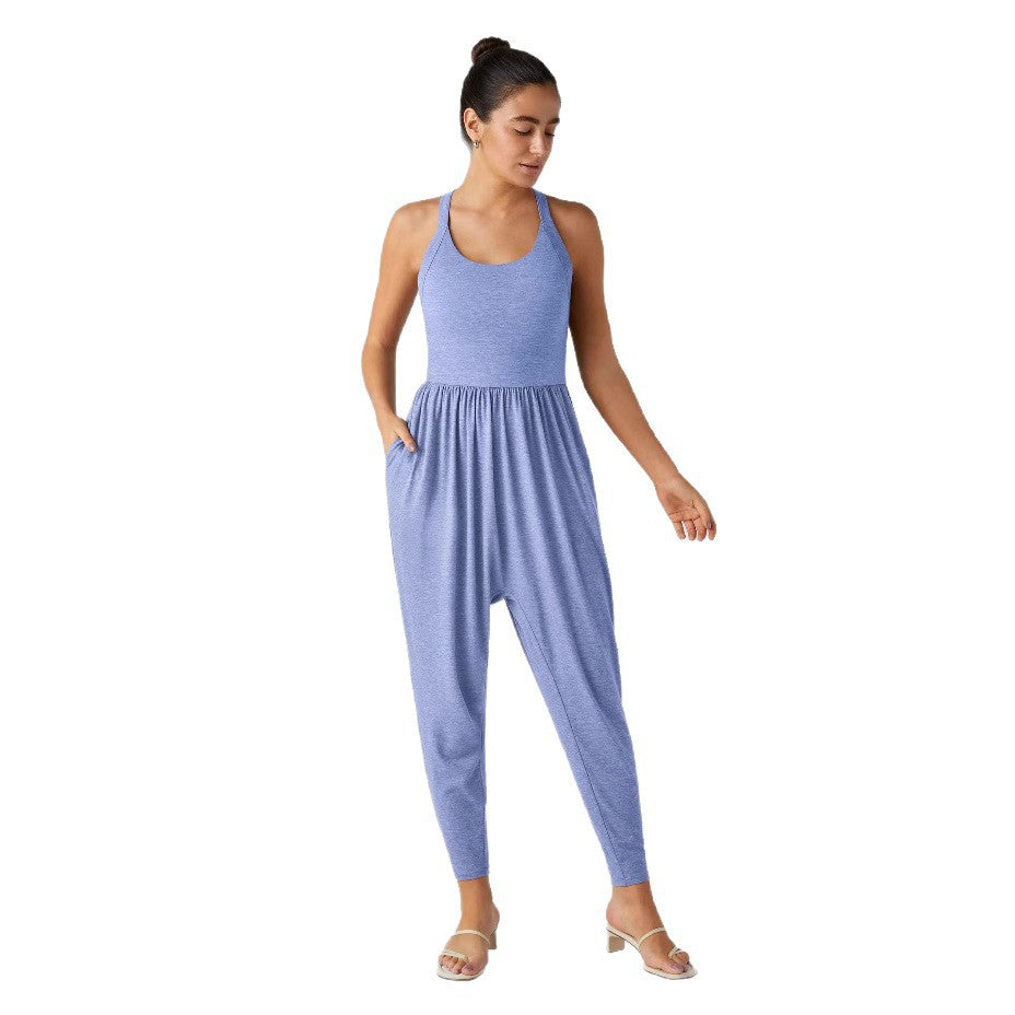 Women's casual jersey jumpsuit with racerback, smocked waist and side pockets StylebySassy