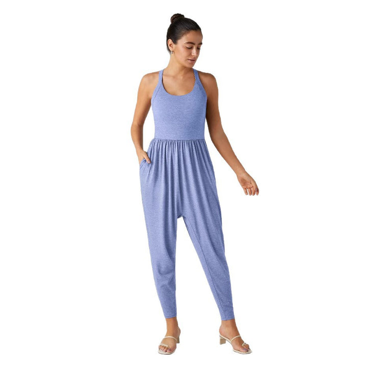 Women's casual jersey jumpsuit with racerback, smocked waist and side pockets StylebySassy