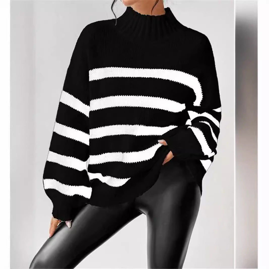 Women's Sweater | Ribbed Collar Striped Design