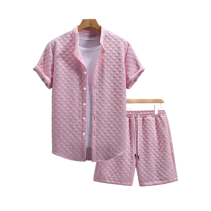 Men's two-piece summer ensemble with stand-up collar shirt jacket and elastic comfort shorts in embossed checked texture StylebySassy