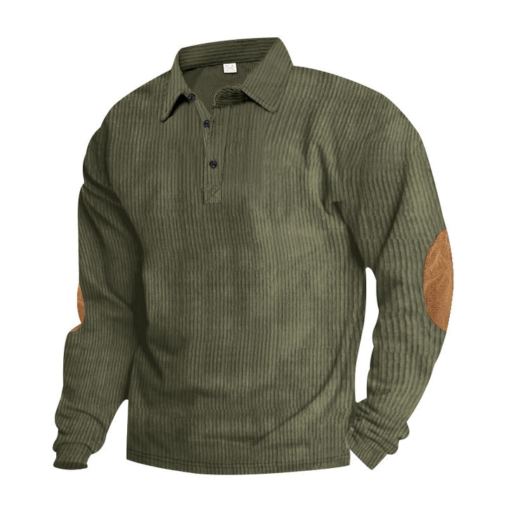 Men's heavy ribbed cotton polo sweater with Kent collar, triple button placket, and suede elbow patches StylebySassy