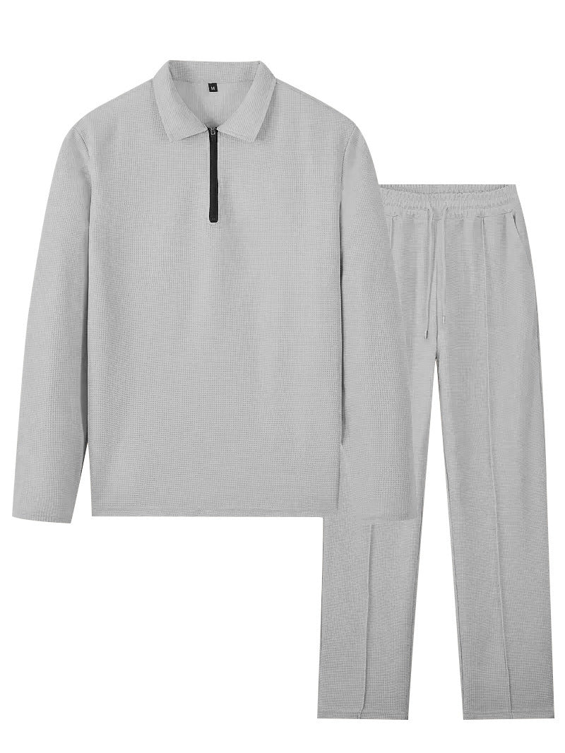 Unisex Nan Waffle Structure Leisure Set with Half-Zip Polo Shirt and Elastic Waist Pants StylebySassy
