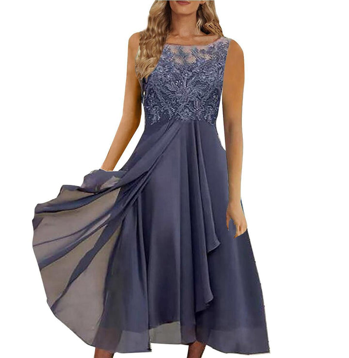 Women's sleeveless chiffon midi dress with embroidered illusion lace, boat neckline, and multilayer flared skirt StylebySassy