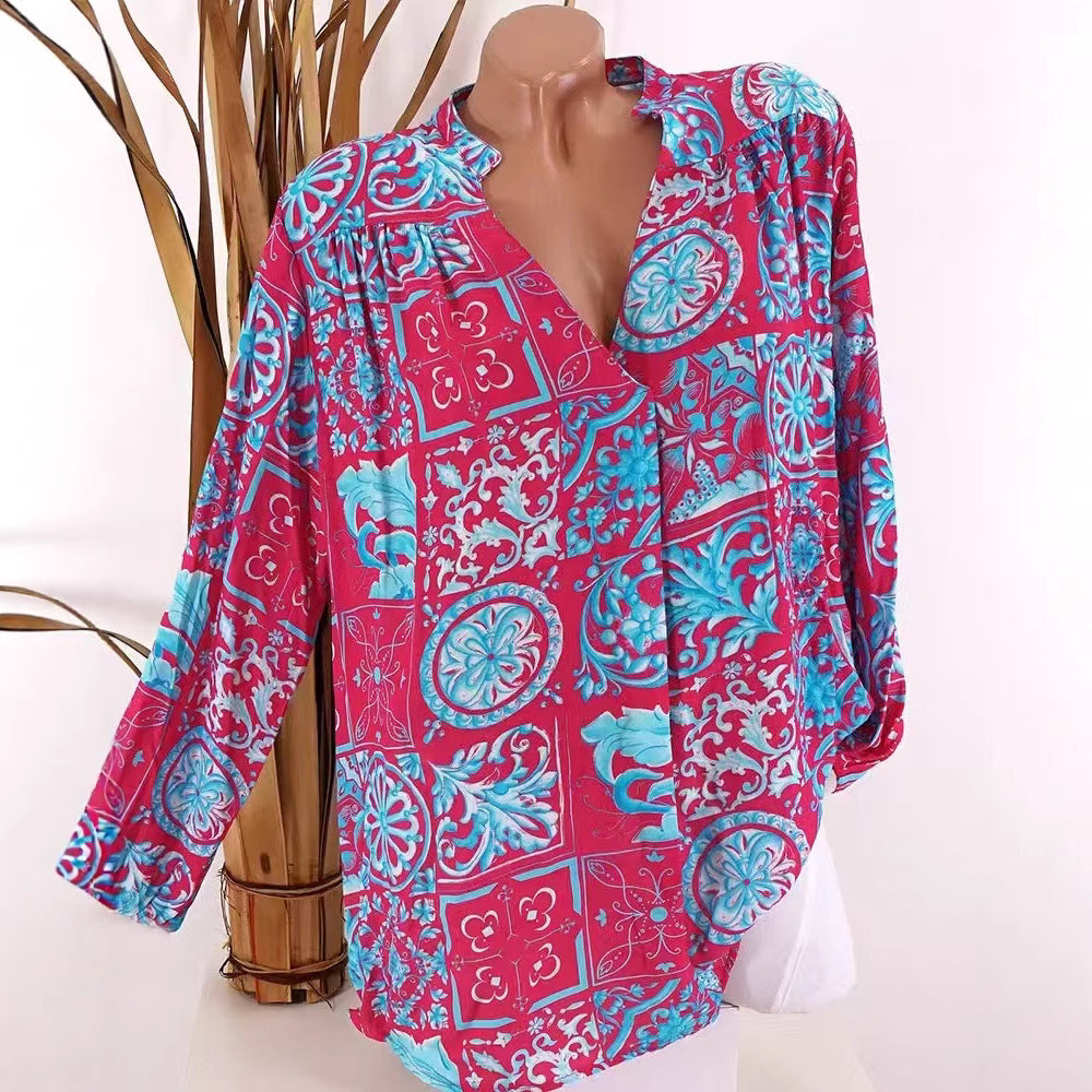 Ladies Viscose Tunic Blouse with V-Neck, Stand Collar and Gathered Shoulders StylebySassy