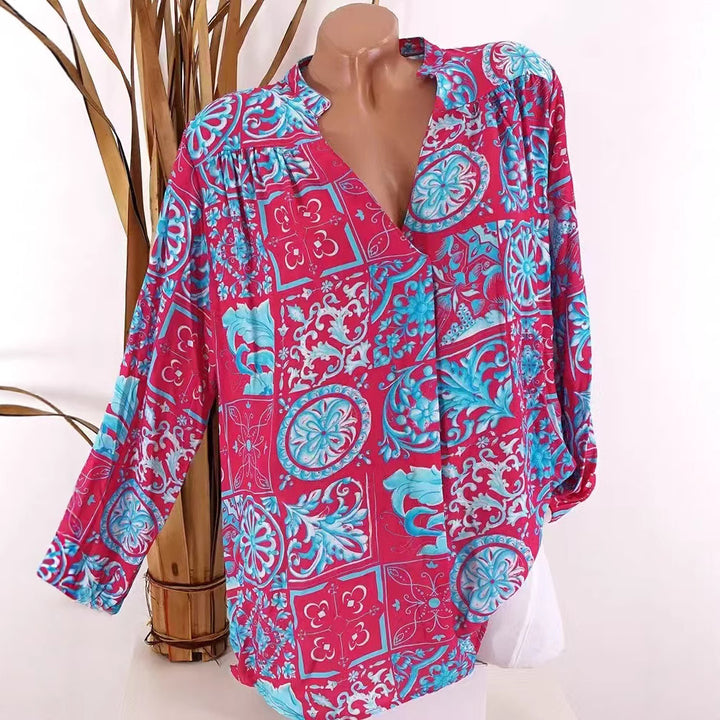 Ladies Viscose Tunic Blouse with V-Neck, Stand Collar and Gathered Shoulders StylebySassy