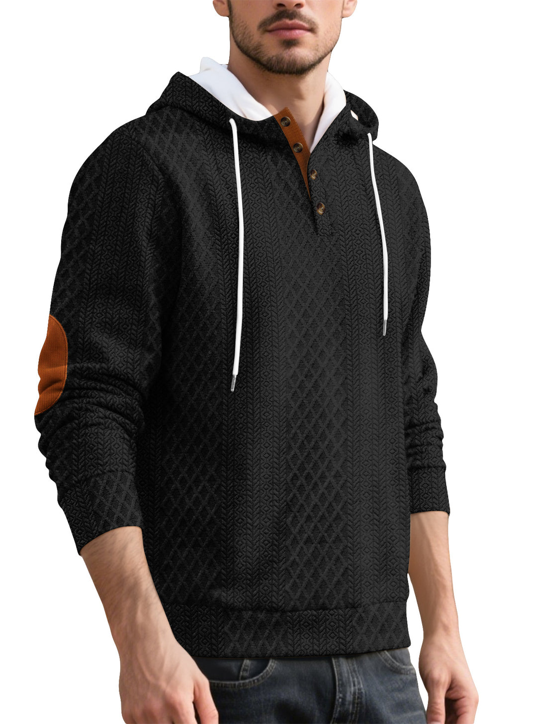 Men's nan diamond structure hoodie with short button placket, quilted hood inner edge, and suede elbow patch StylebySassy