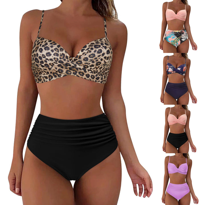 Women's High-Waisted Bikini Set with Floral Top and Gathered Bottom StylebySassy