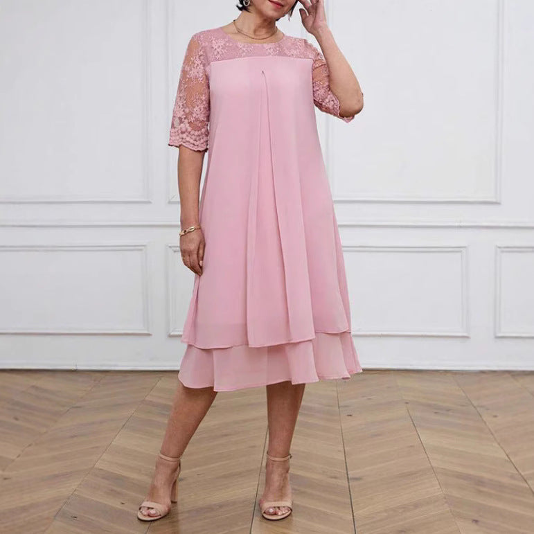 Women's A-line chiffon dress with floral embroidered lace yoke, hidden centre seam pleat, and layered ruffle StylebySassy