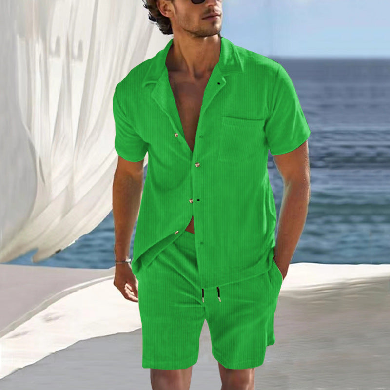Men's Nano Lightweight Linen Resort Set with Short Sleeve Cuban Collar Shirt and Drawstring Bermuda StylebySassy