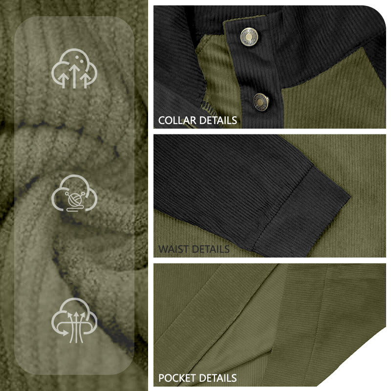 Men's two-tone ribbed troyer with asymmetrical button placket and velour elbow patches StylebySassy