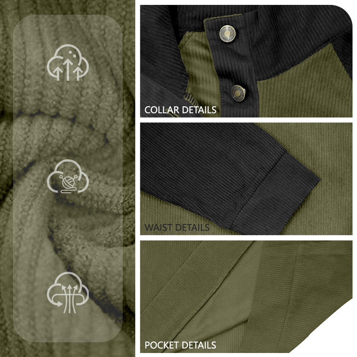 Men's two-tone ribbed troyer with asymmetrical button placket and velour elbow patches StylebySassy