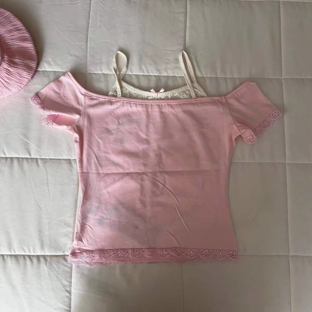 Women Playful T-Shirt with Lace Applications and Cute Bear Motif StylebySassy