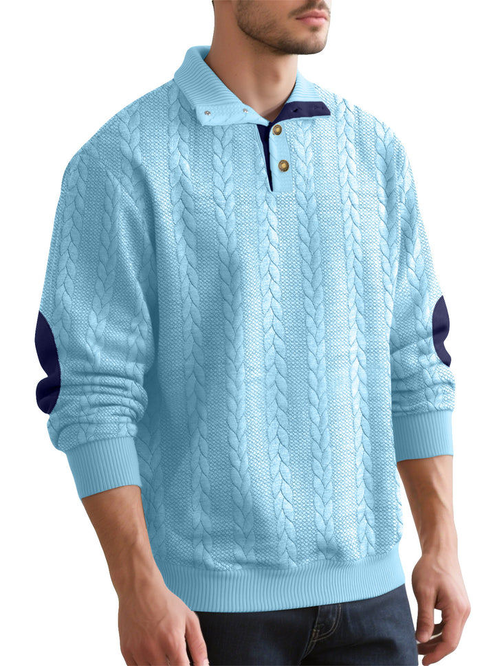 Men's Cable Knit Half Button Sweater with High Stand Collar and Suede Elbow Patches StylebySassy